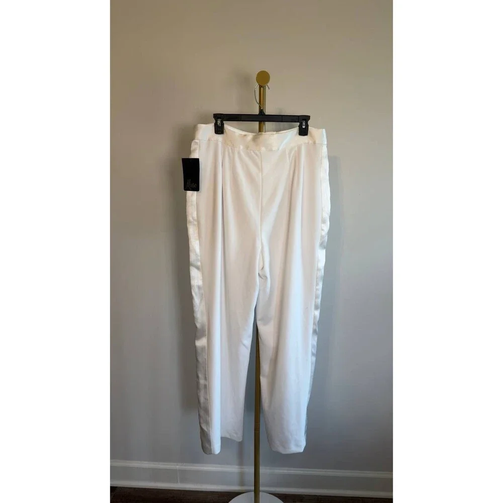 Muse Satin-Trim Straight-Leg Pants Ivory 14 NWT $99